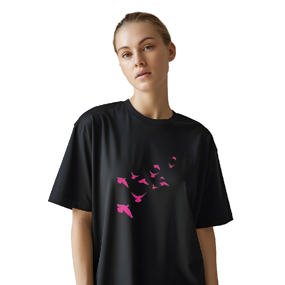 Flying birds t-shirt women, oversized t-shirt with bird print, cotton bird print t-shirt, relaxed fit graphic tee, casual oversized shirt women, freedom themed t-shirt, soft cotton t-shirt for girls, streetwear t-shirt oversized, women's peaceful vibe t-shirt
