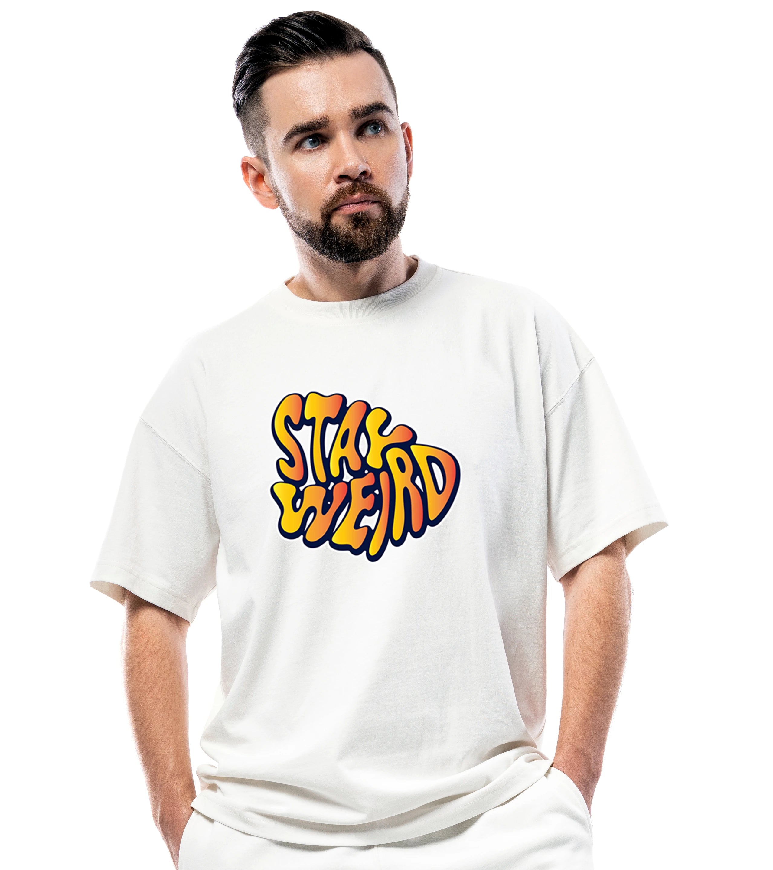 Stay Weird Graphic Oversized T-Shirt for Men | Drop Shoulder, 100% Cotton