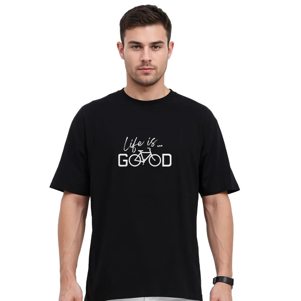 life is good t-shirt, oversized t-shirt men, drop shoulder tee, baggy fit black t-shirt, bicycle print t-shirt, cotton oversized tee, streetwear fashion, unisex graphic tee, loose fit black t-shirt