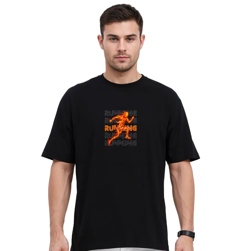 running graphic t-shirt, flame print oversized tee, black drop shoulder t-shirt, gym wear t-shirt men, athletic streetwear tee, motivational fitness t-shirt, loose fit runner tee, workout cotton t-shirt, unisex running t-shirt, no limits gym t-shirt

