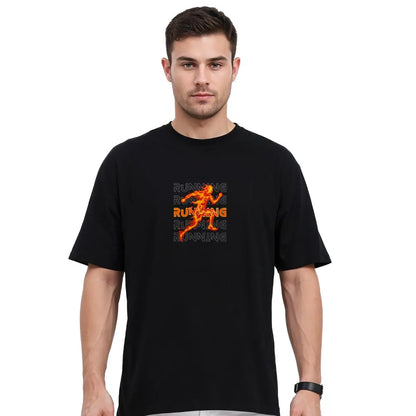 running graphic t-shirt, flame print oversized tee, black drop shoulder t-shirt, gym wear t-shirt men, athletic streetwear tee, motivational fitness t-shirt, loose fit runner tee, workout cotton t-shirt, unisex running t-shirt, no limits gym t-shirt

