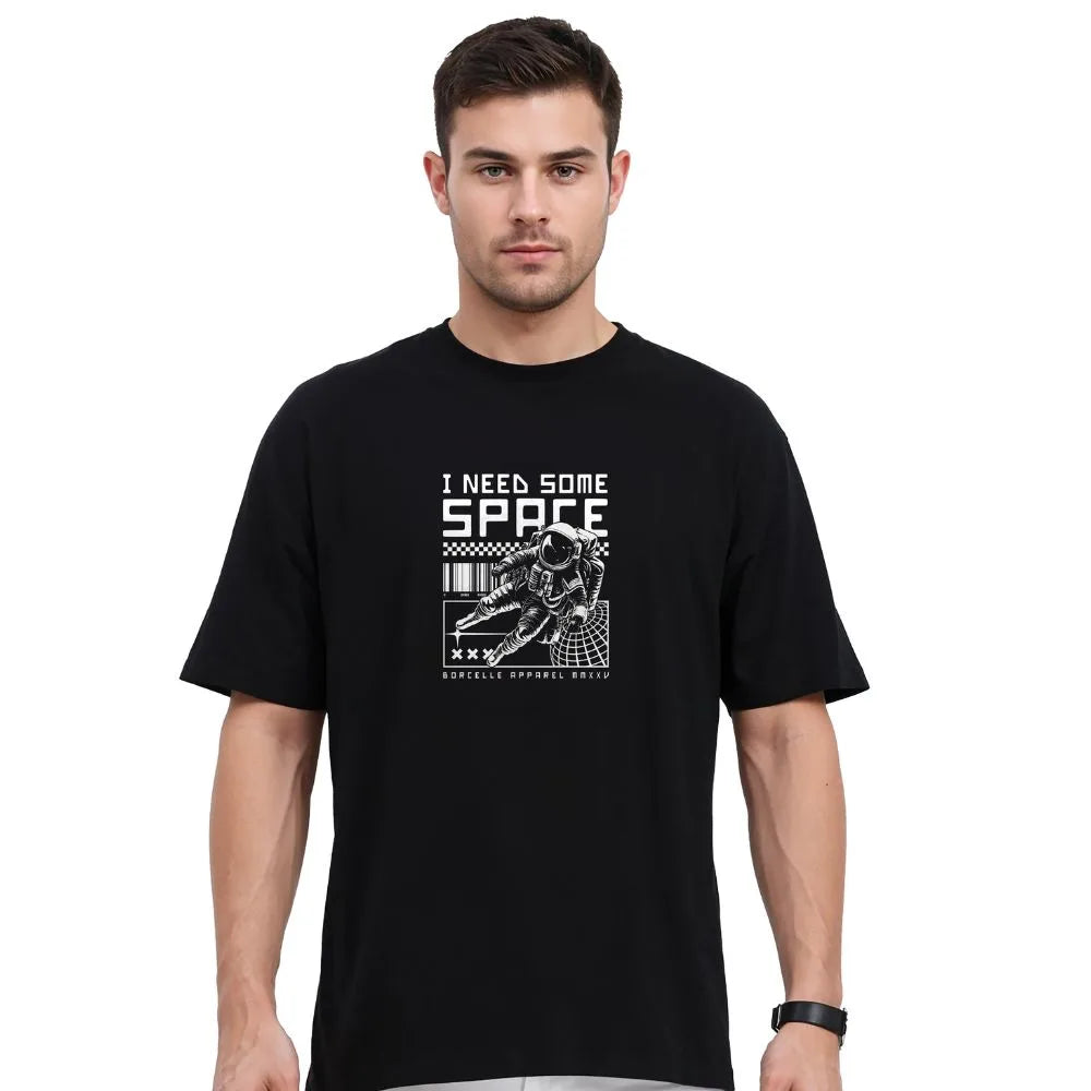 black oversized t-shirt, astronaut print t-shirt, space theme tee, I need space tshirt, men’s drop shoulder t-shirt, urban streetwear tee, loose fit cotton tee, baggy graphic tee, space astronaut t-shirt for men, breathable cotton black t-shirt

