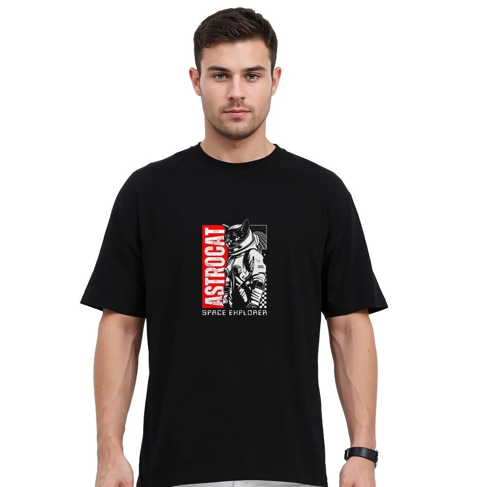 oversized t-shirt, astrocat t-shirt, cat astronaut tee, drop shoulder tee, black graphic tee, space theme t-shirt, men’s baggy shirt, streetwear t-shirt, printed loose fit tee