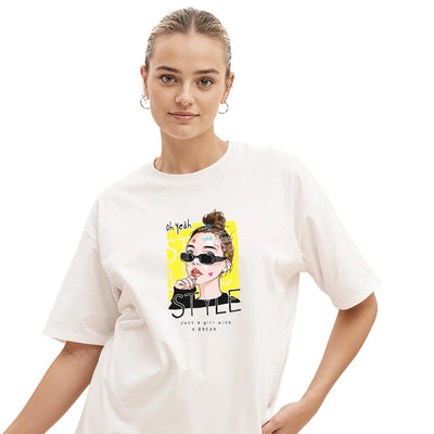 Trendy Oh Yeah Style Girl Over size Graphic T-Shirt for Women