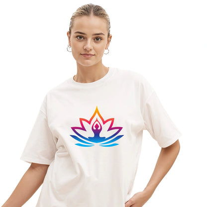 oversized yoga t shirt, lotus print t shirt women, baggy cotton t shirt, drop shoulder tee, spiritual t shirt for women, meditation t shirt, wellness wear, slouchy fit tee, oversized cotton t-shirt, graphic print tee for yoga lovers