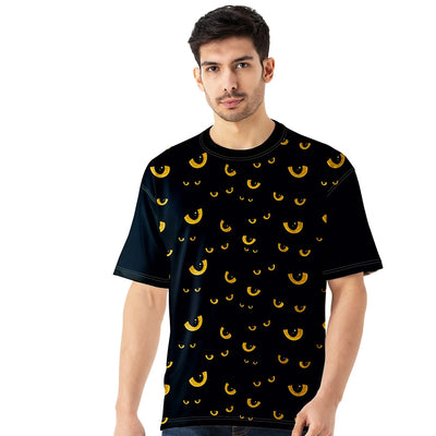 Black Oversized Jersey T Shirt for Men with Yellow Eyes Graphic