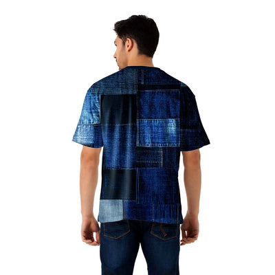Blue Patchwork Dry fit Oversized Jersey T Shirt for Men - Denim Print Streetwear Jersey