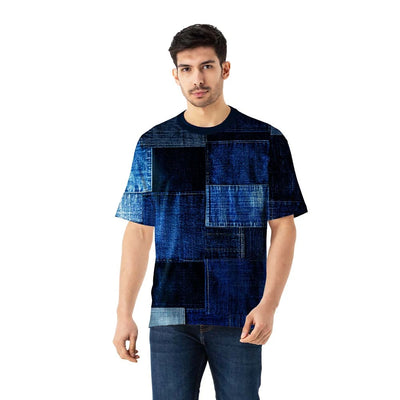 Blue Patchwork Dry fit Oversized Jersey T Shirt for Men - Denim Print Streetwear Jersey