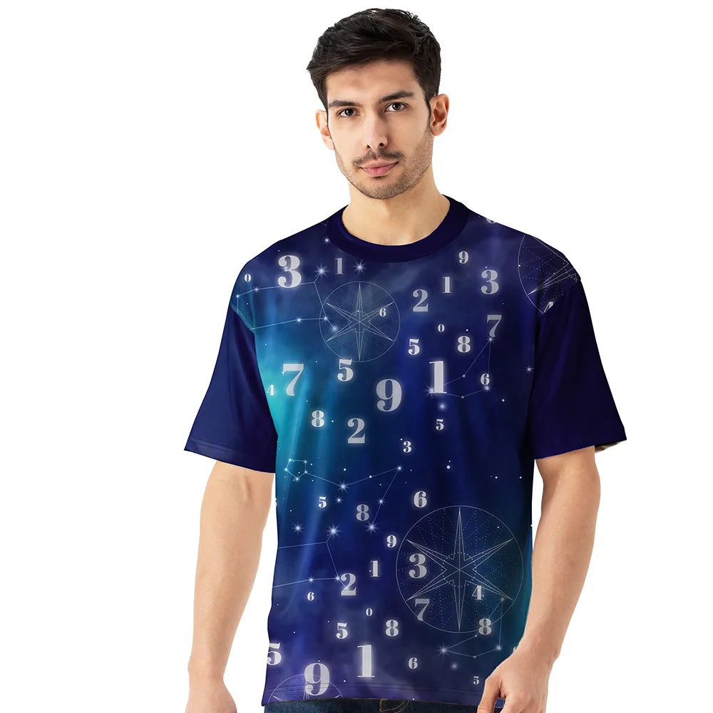 premium numerology t-shirt, galaxy print oversized t-shirt, astrology graphic tee men, cosmic design shirt, spiritual fashion wear, constellation print t-shirt, men’s oversized numerology shirt, blue galaxy oversized tee