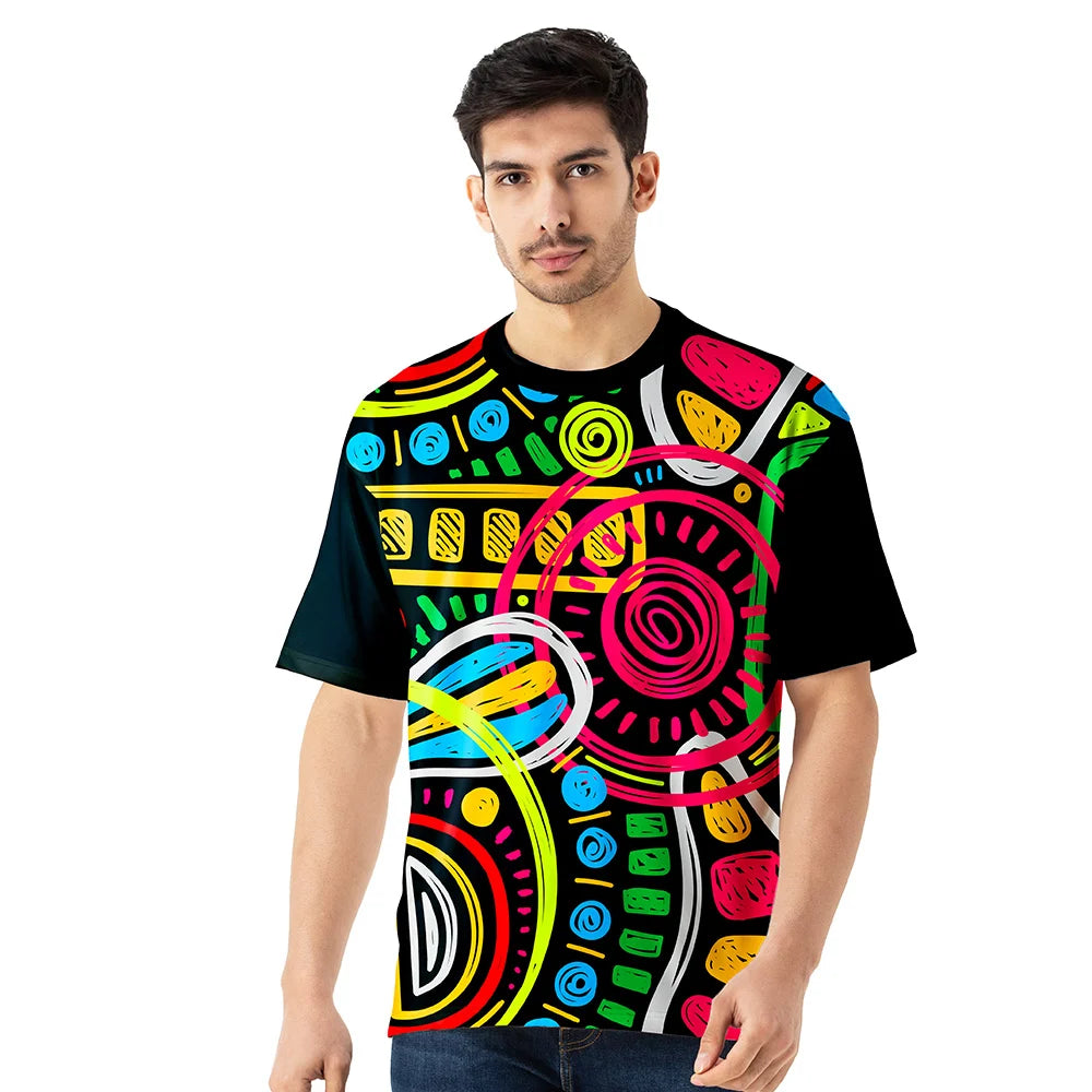 men oversized jersey, multicolor abstract graphic t shirt, streetwear oversized tee, all over print t shirt men, trendy graphic jersey, vibrant printed t shirt, breathable polyester jersey, bold street style tee, men fashion graphic top