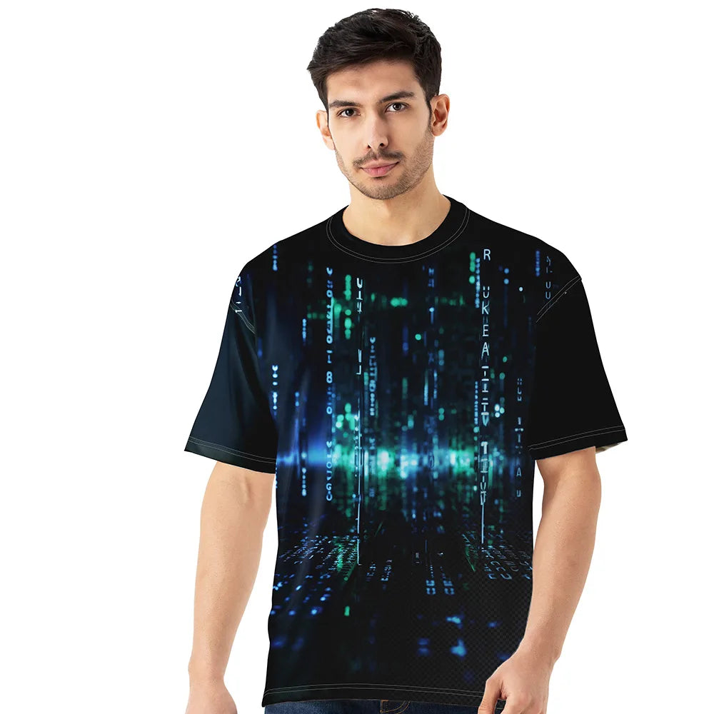 matrix code t-shirt, digital print t-shirt men, cyberpunk oversized t-shirt, futuristic graphic tee, techwear fashion t-shirt, gamer style t-shirt, neon code print tee, streetwear oversized t-shirt, black matrix inspired t-shirt, digital design clothing men