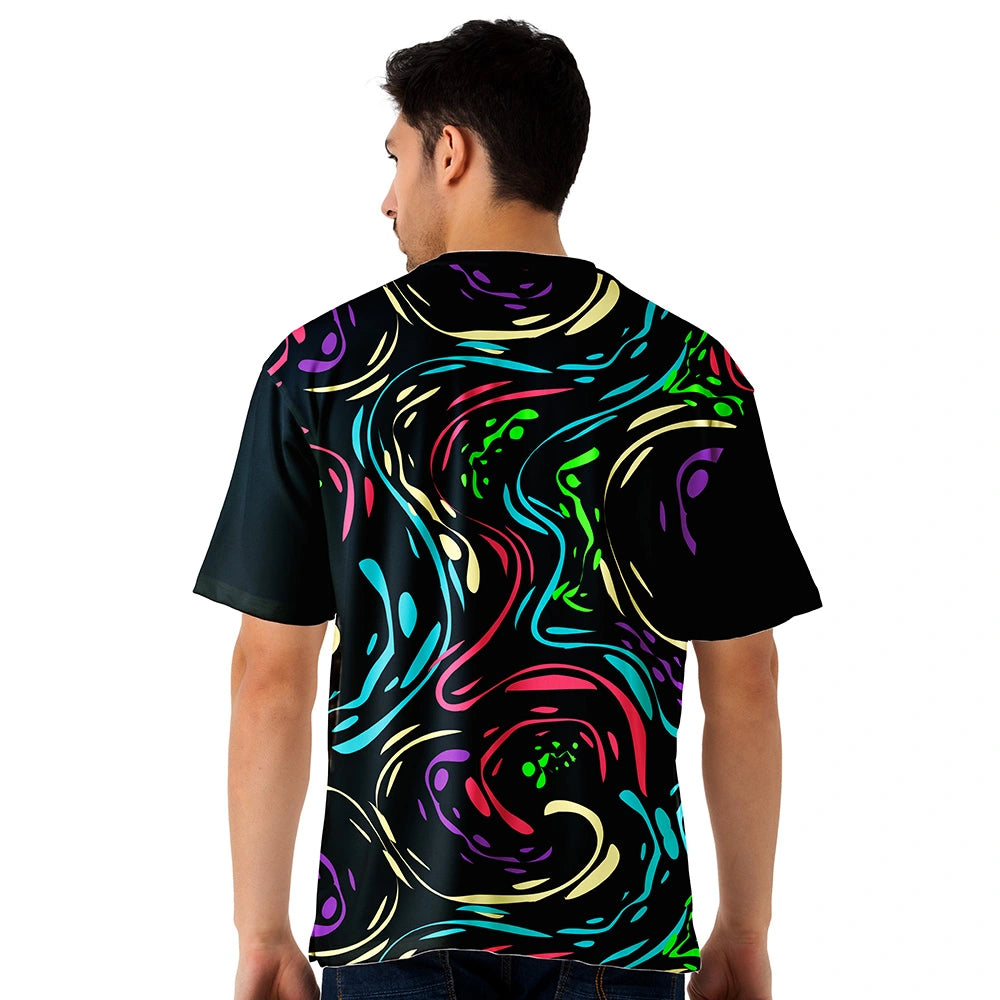 neon swirl jersey, men’s relaxed graphic tee, urban fashion wear, loose silhouette top, vibrant street design, expressive pattern apparel, soft fabric jersey, modern casual outfit, multicolor art shirt, trendy drop shoulder tee, night style menswear, creative print jersey, contemporary street tee