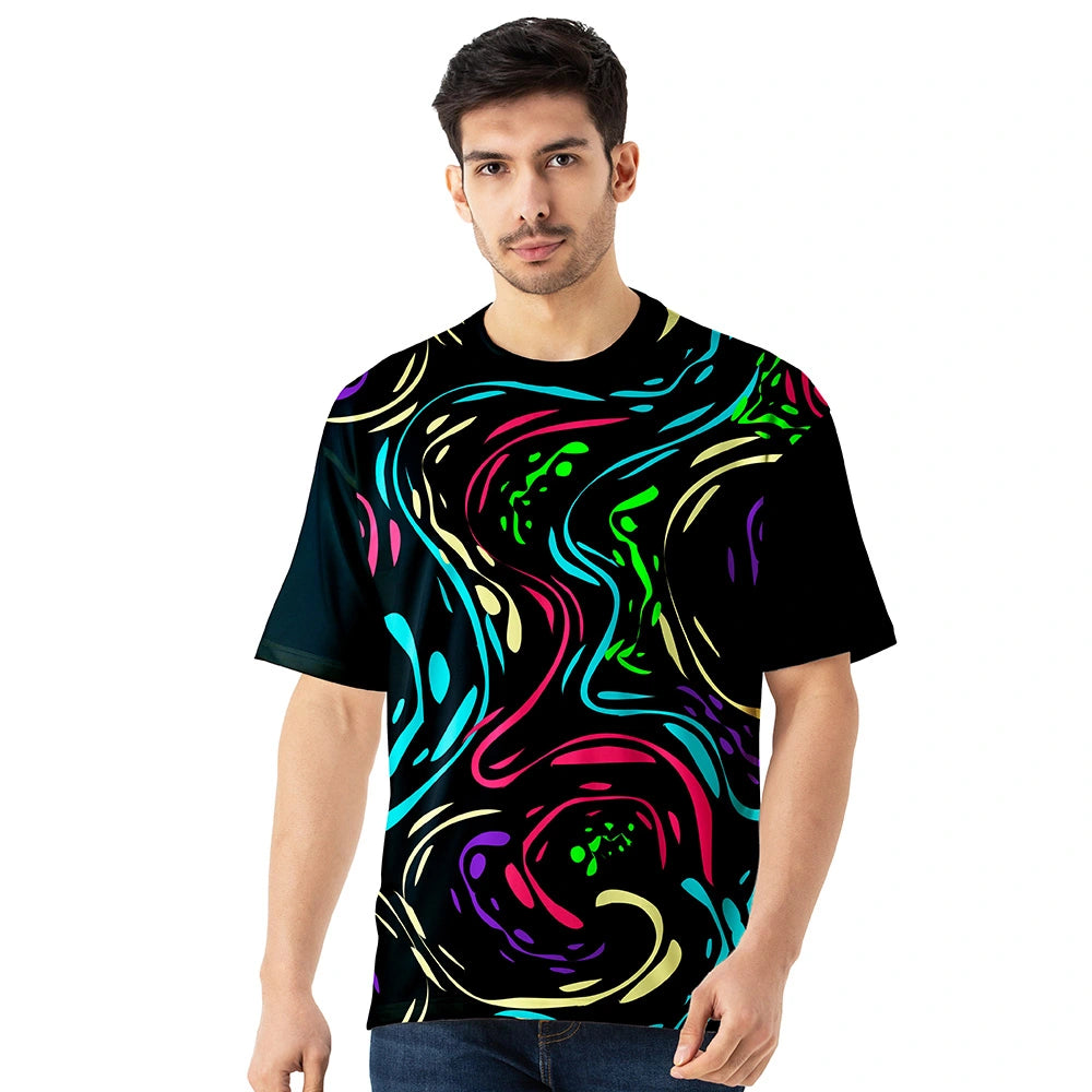 neon swirl jersey, men’s relaxed graphic tee, urban fashion wear, loose silhouette top, vibrant street design, expressive pattern apparel, soft fabric jersey, modern casual outfit, multicolor art shirt, trendy drop shoulder tee, night style menswear, creative print jersey, contemporary street tee