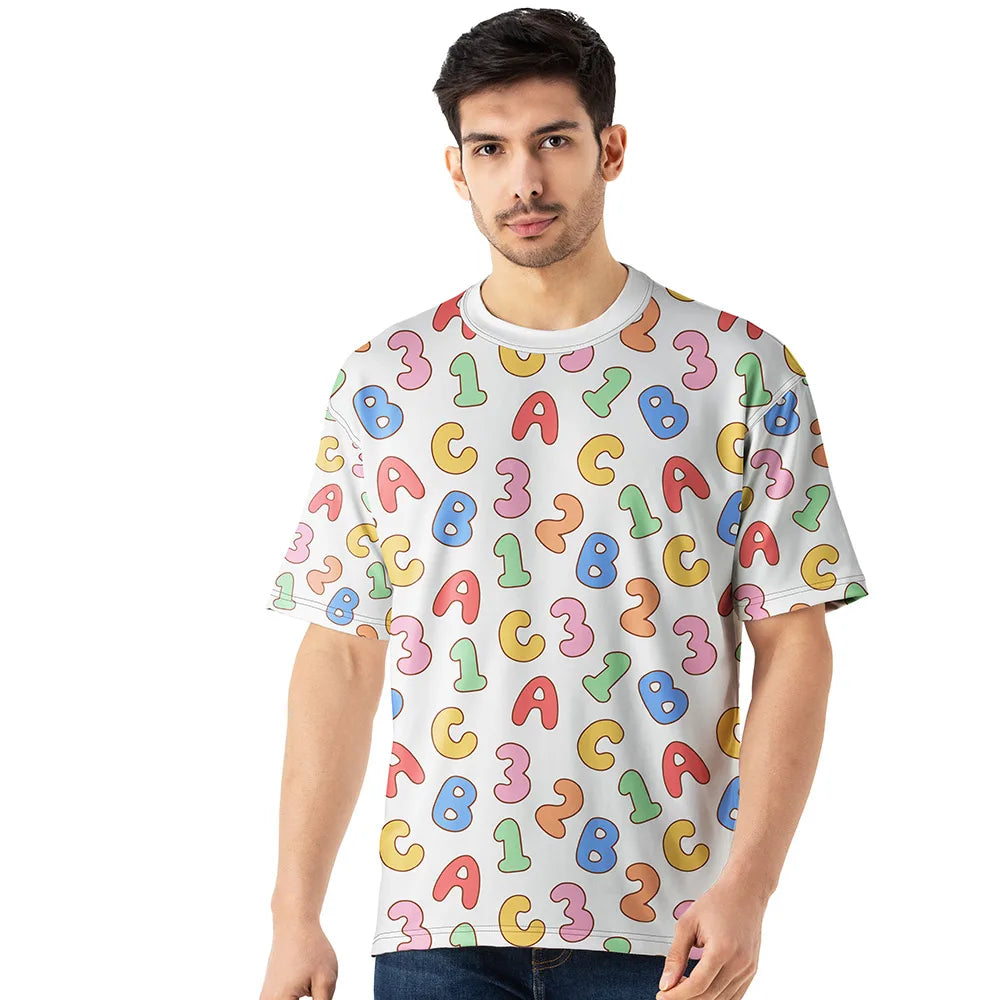 oversized alphabet print t-shirt, number graphic oversized tee, men’s colorful oversized tshirt, trendy graphic oversized shirt, casual alphabet print tshirt men, playful oversized streetwear t-shirt, men’s bold graphic oversized tee, all over print oversized t-shirt