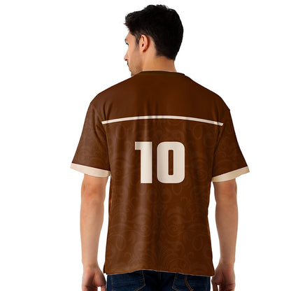 oversized jersey, oversized jersey t-shirt, baggy fit jersey, drop shoulder tee, loose fit sports t-shirt, men’s brown jersey, number print t-shirt, streetwear jersey men, relaxed fit tee, breathable polyester jersey, athletic style t-shirt, casual oversized top, sporty graphic jersey, men’s baggy fashion, soft jersey fabric, urban streetwear tee, everyday casual wear men, oversized athletic shirt, trendy baggy tee men, down shoulder loose fit t-shirt