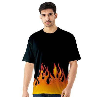 Printed Oversized Black Flame T-Shirt