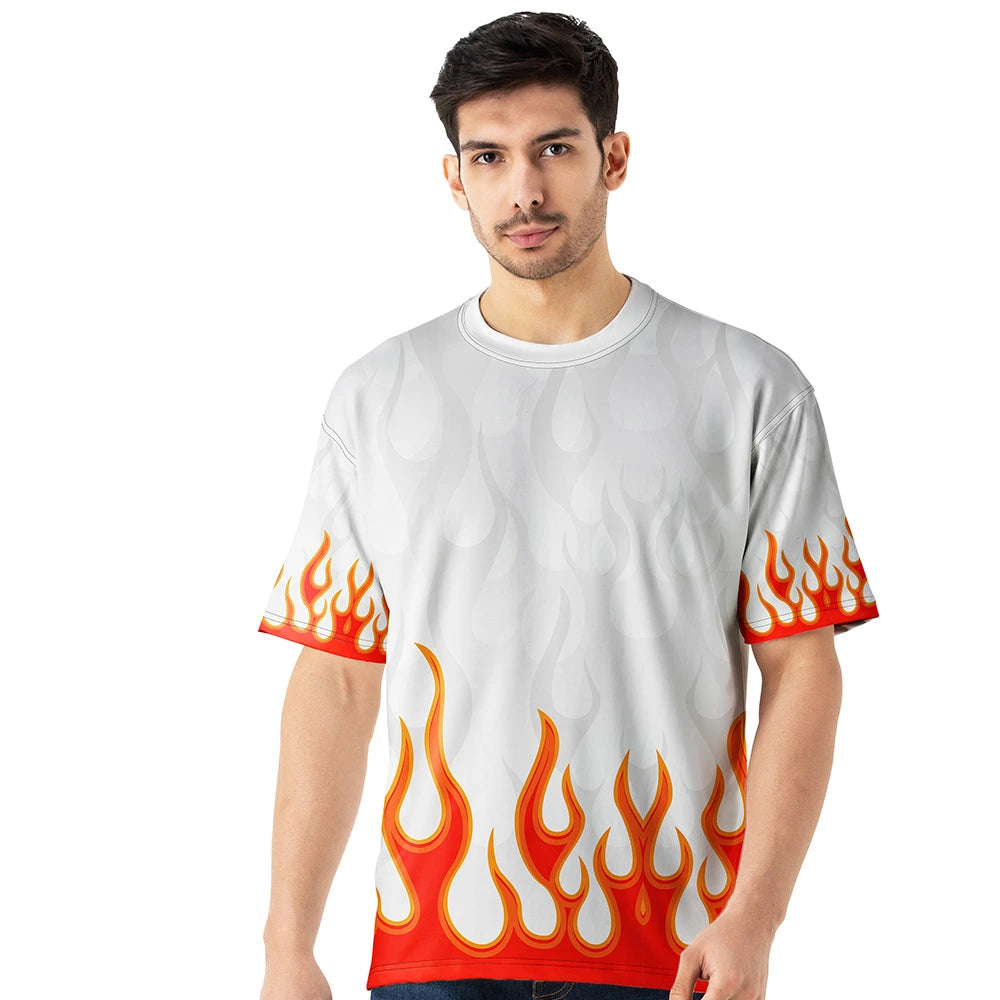 oversized jersey, white fire oversized jersey, orange flame oversized t shirt, fire print oversized jersey men, flame streetwear jersey, baggy fire graphic tee, trendy oversized flame jersey, white oversized jersey streetwear, orange fire oversized t shirt men, cool flame oversized jersey
