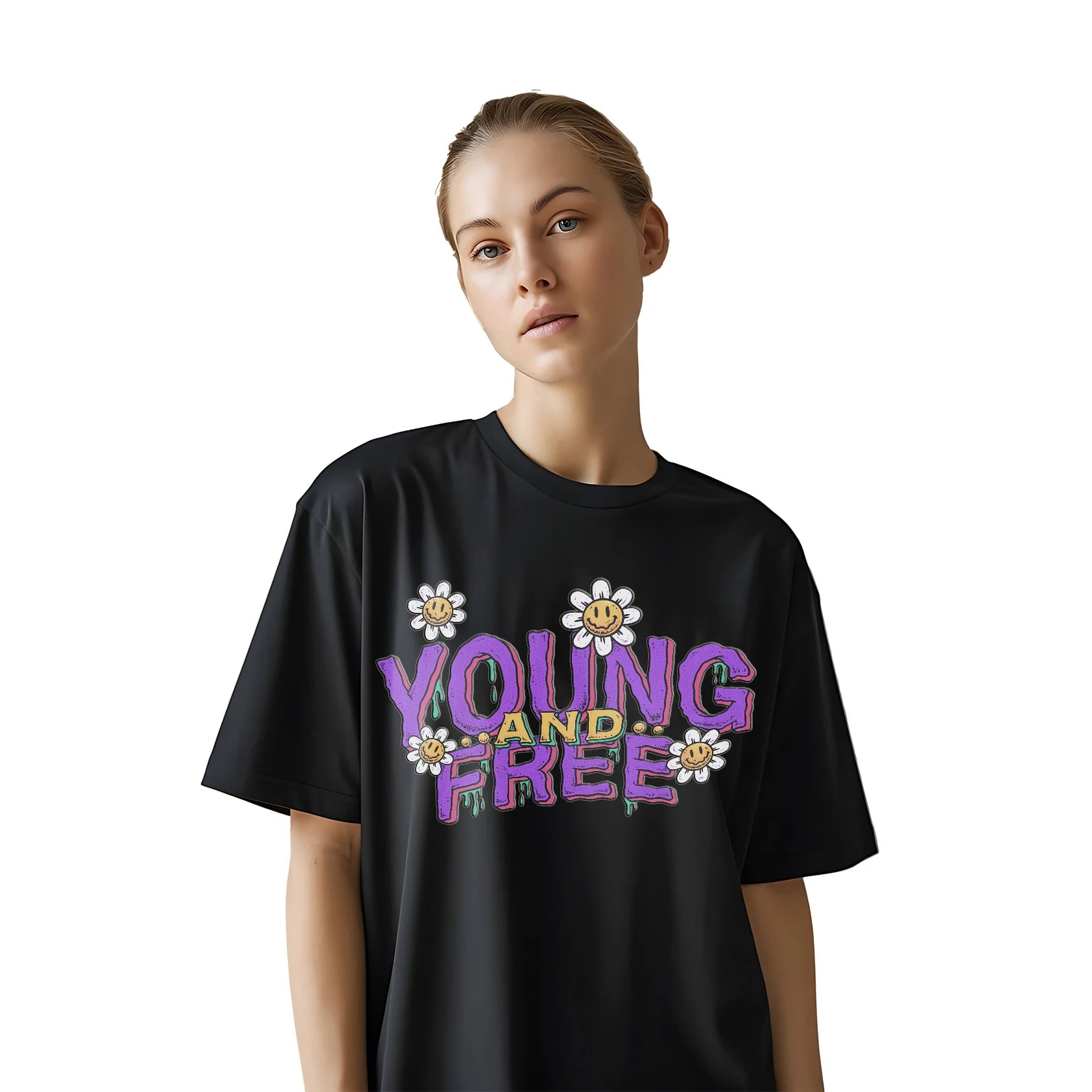Oversized Black Cotton T-Shirt for Women – Young & Free Graphic Print