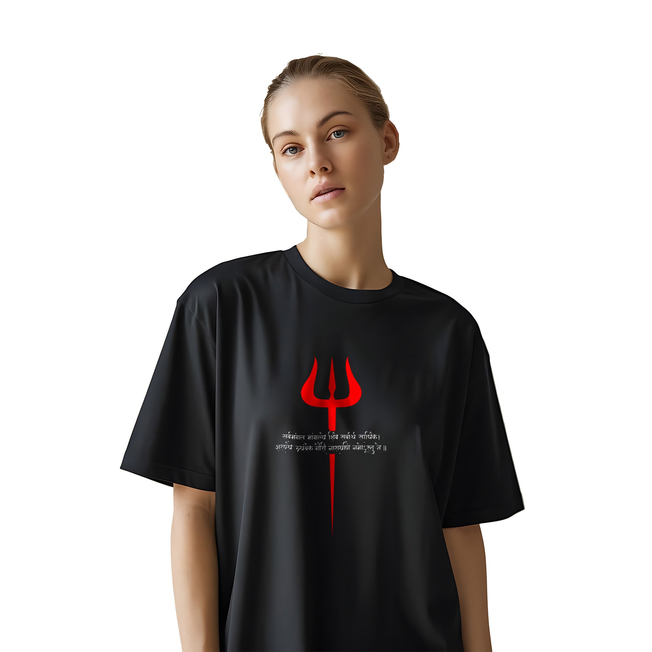 Divine Vibes Only – Girls Oversized Black T-Shirt with Shiva Trident Print