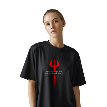 Divine Vibes Only – Girls Oversized Black T-Shirt with Shiva Trident Print