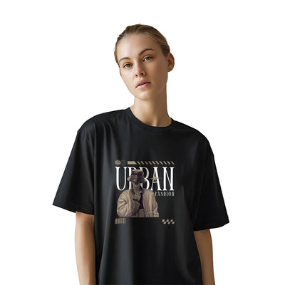 Urban Graphic Print Oversized Black T-Shirt for Women