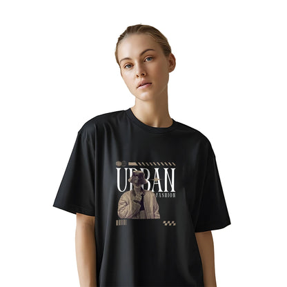 Urban Graphic Print Oversized Black T-Shirt for Women