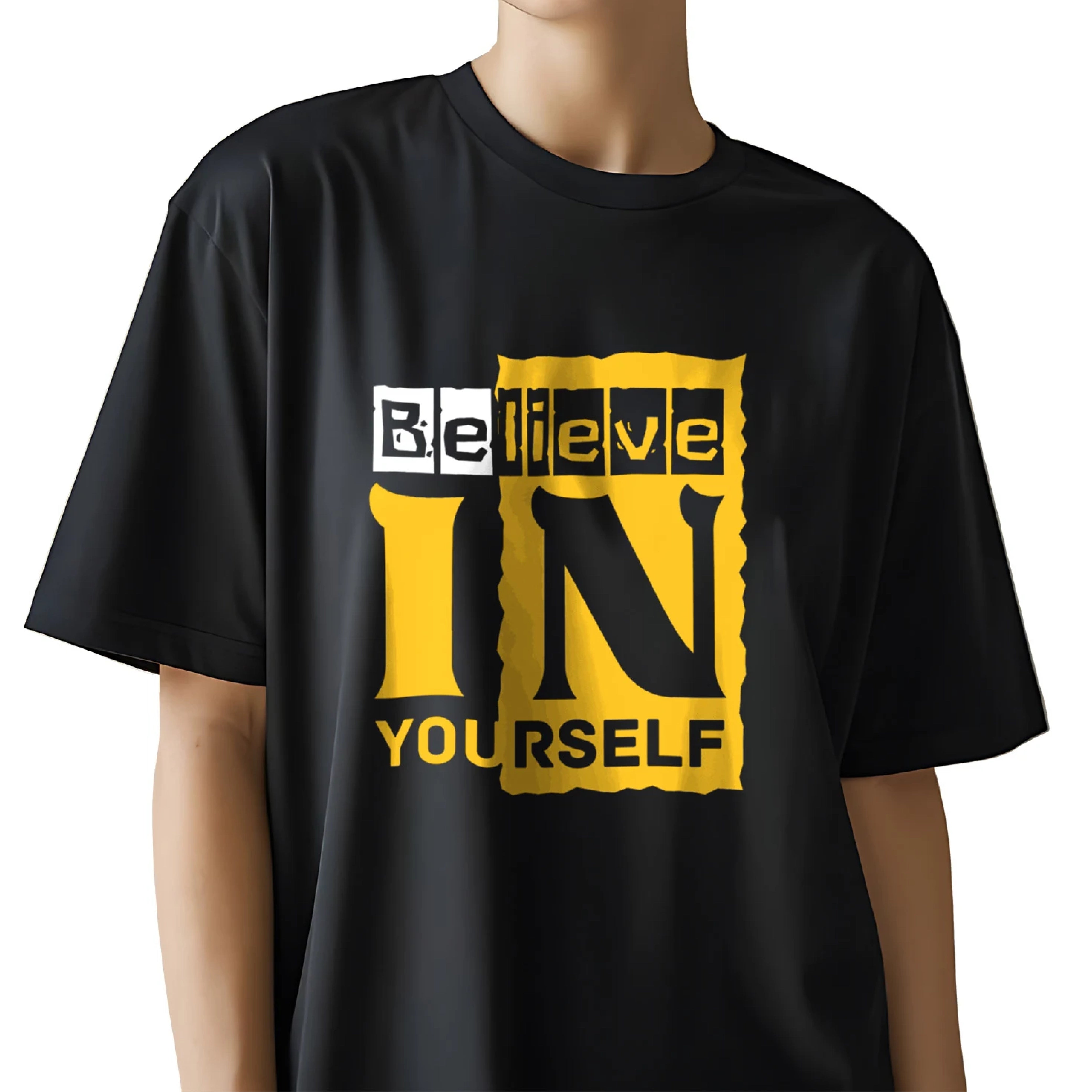 Believe In Yourself Black Oversized T Shirt for Women | Drop Shoulder Cotton Tee