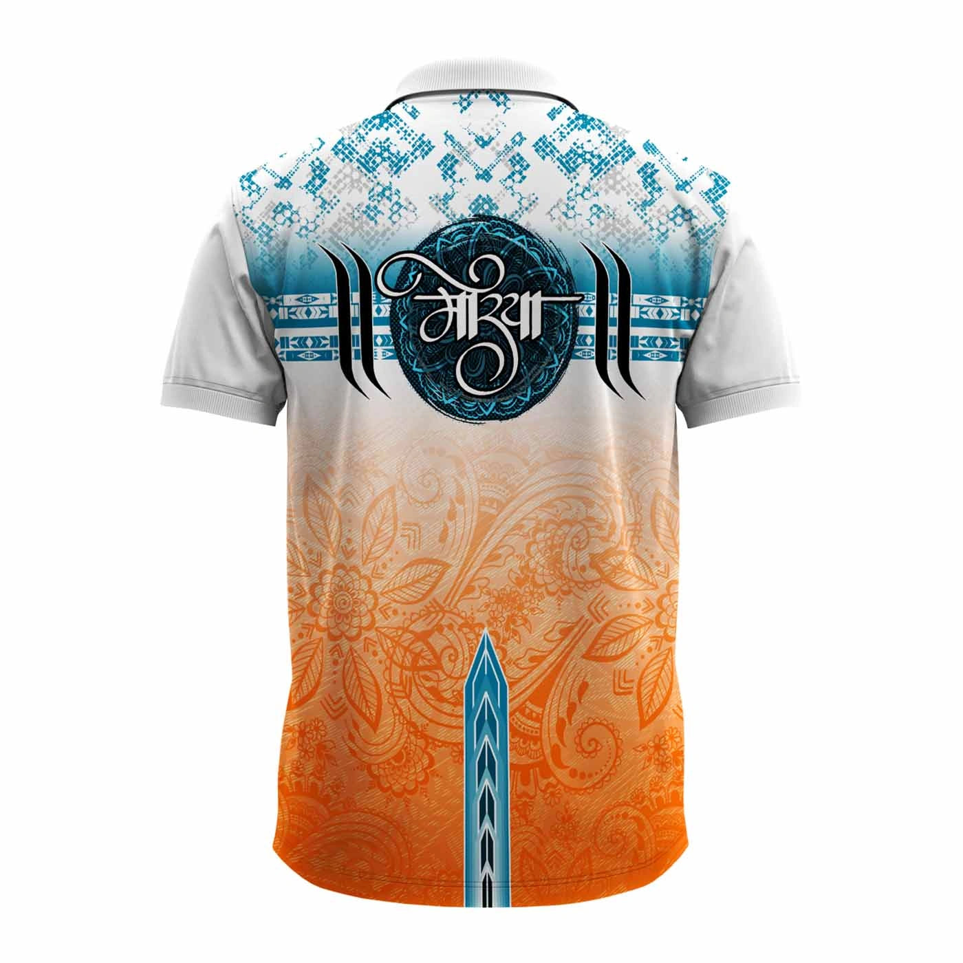Ganpati polo jersey, Ganesh Chaturthi jersey, Ganpati T-shirt, spiritual jersey, polo neck Ganpati T-shirt, men’s Ganesh polo shirt, Ganpati festival dress, devotional jersey for Ganeshotsav, Ganpati visarjan outfit, ethnic polo shirt for men, Ganpati design T-shirt, Ganesh graphic polo, custom Ganpati polo, orange blue Ganesh jersey, religious polo T-shirt India
