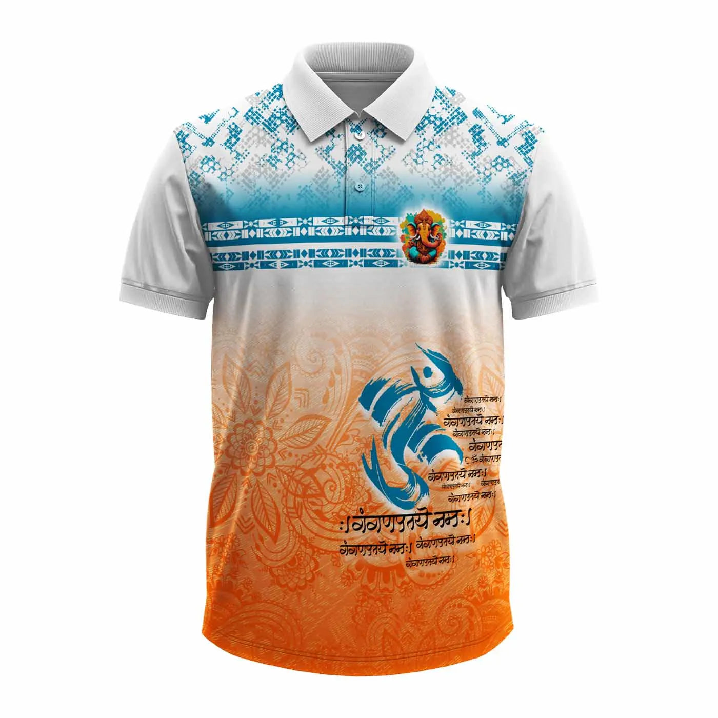 Ganpati polo jersey, Ganesh Chaturthi jersey, Ganpati T-shirt, spiritual jersey, polo neck Ganpati T-shirt, men’s Ganesh polo shirt, Ganpati festival dress, devotional jersey for Ganeshotsav, Ganpati visarjan outfit, ethnic polo shirt for men, Ganpati design T-shirt, Ganesh graphic polo, custom Ganpati polo, orange blue Ganesh jersey, religious polo T-shirt India
