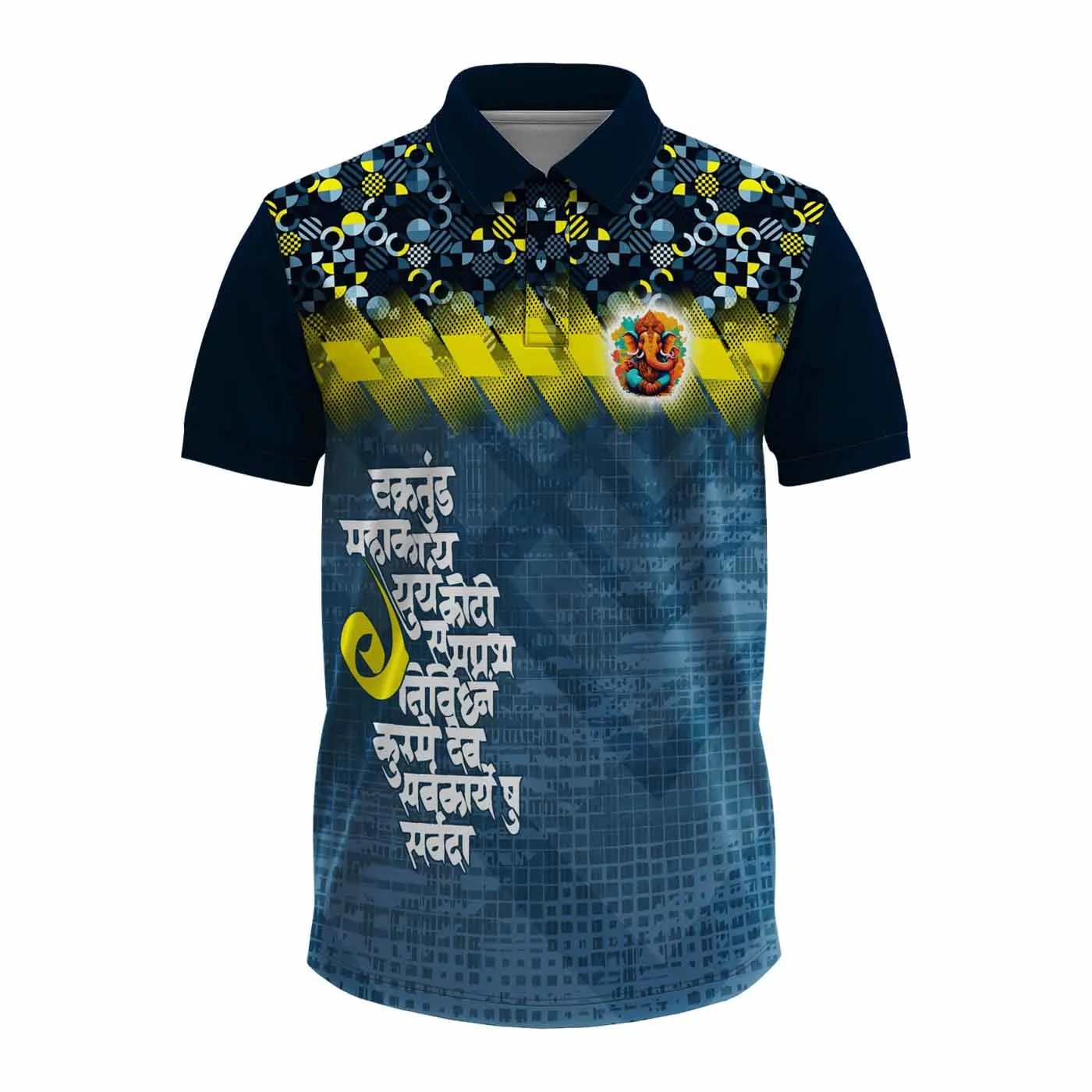 Ganpati jersey, Ganpati t-shirt, polo neck Ganpati jersey, Ganesh Chaturthi outfit, Ganpati festival wear, Ganesh jersey for men, Bappa polo shirt, Ganpati mandal t-shirt, Ganpati design jersey, Ganpati utsav clothing, modern Ganesh jersey, devotional jersey
