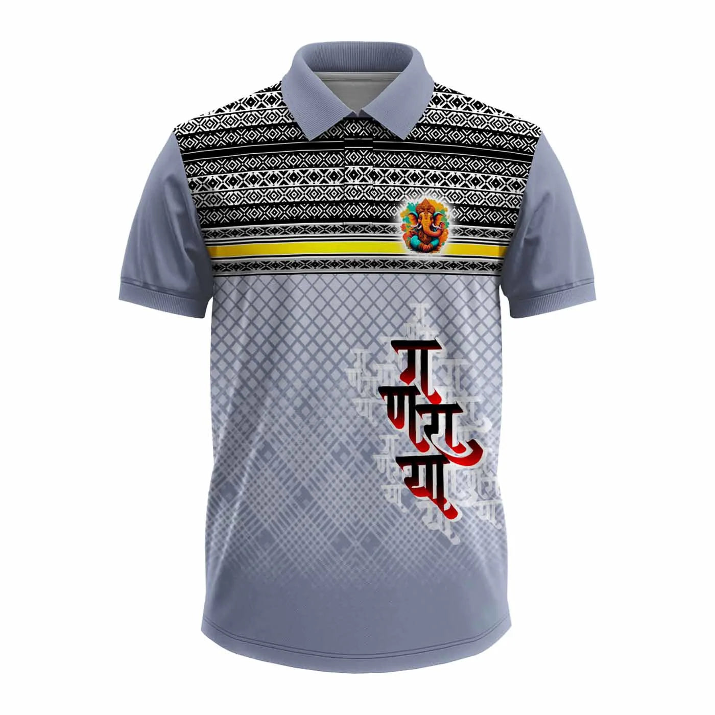 Ganpati jersey, Shri Ganraya t-shirt, Ganesh Utsav dress, Ganpati festival wear, Bappa jersey design, devotional t-shirt, visarjan outfit, Ganpati polo shirt, men’s Ganesh utsav clothing, Ganpati 2025 jersey, Marathi festival wear, Ganpati printed shirt, Ganpati mandal uniform