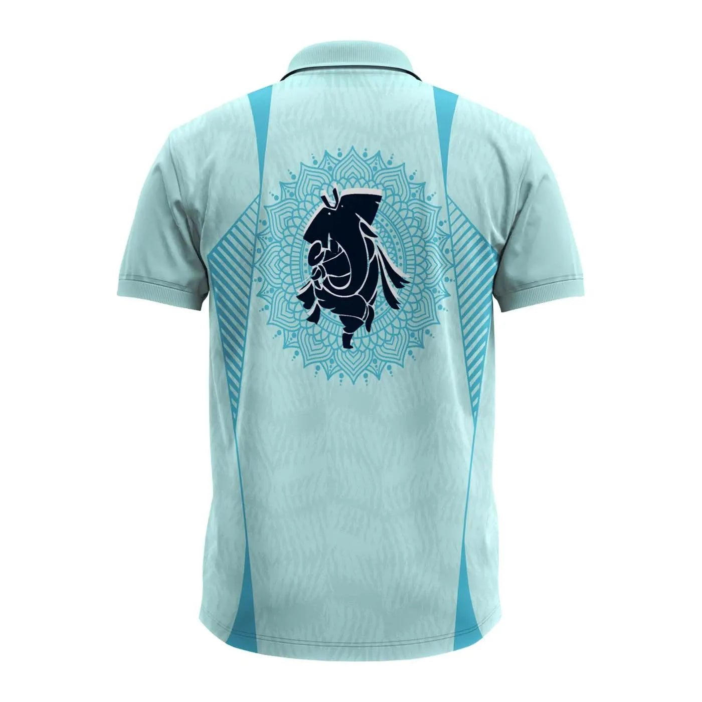 Ganpati polo jersey, Ganesh Chaturthi jersey, Ganpati T-shirt, spiritual jersey, polo neck Ganpati T-shirt, men’s Ganesh polo shirt, Ganpati festival dress, devotional jersey for Ganeshotsav, Ganpati visarjan outfit, ethnic polo shirt for men, Ganpati design T-shirt, Ganesh graphic polo, custom Ganpati polo, ice blue Ganesh jersey, religious polo T-shirt India