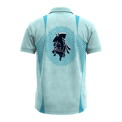 Ganpati polo jersey, Ganesh Chaturthi jersey, Ganpati T-shirt, spiritual jersey, polo neck Ganpati T-shirt, men’s Ganesh polo shirt, Ganpati festival dress, devotional jersey for Ganeshotsav, Ganpati visarjan outfit, ethnic polo shirt for men, Ganpati design T-shirt, Ganesh graphic polo, custom Ganpati polo, ice blue Ganesh jersey, religious polo T-shirt India