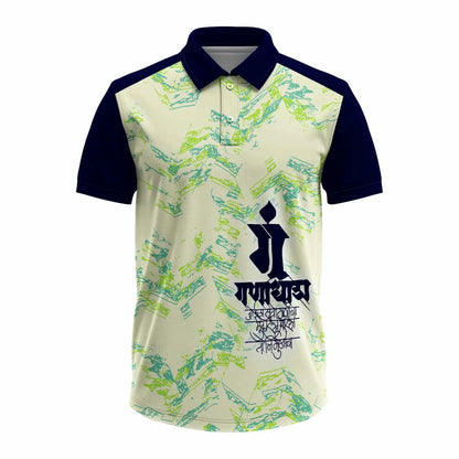 jai ganesh polo t shirt, ganpati bappa jersey for men, vakratunda ganesha t shirt, ganpati calligraphy shirt, spiritual polo t shirt, ganesh chaturthi outfit men, half sleeves collar t shirt, ganpati back print t shirt, festival wear t shirt for men, ganpati group dress

