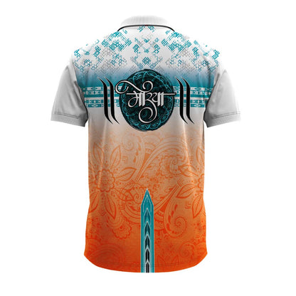 Ganpati polo jersey, Ganesh Chaturthi jersey, Ganpati T-shirt, spiritual jersey, polo neck Ganpati T-shirt, men’s Ganesh polo shirt, Ganpati festival dress, devotional jersey for Ganeshotsav, Ganpati visarjan outfit, ethnic polo shirt for men, Ganpati design T-shirt, Ganesh graphic polo, custom Ganpati polo, orange blue Ganesh jersey, religious polo T-shirt India