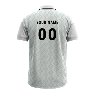 custom white festive polo t-shirt showcasing personalized name and jersey number print.