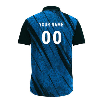 custom blue festive polo shirt displaying customized name and jersey number printing.