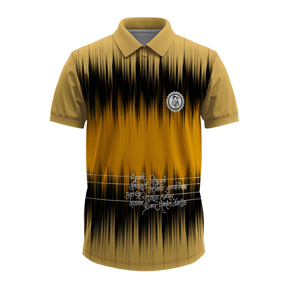personalized mustard gold Ganesha polo jersey with black ikat patterns and Sanskrit mantra.