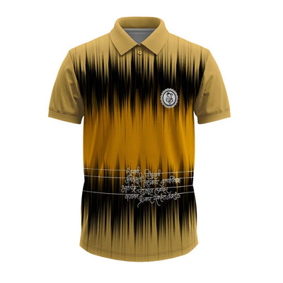 personalized mustard gold Ganesha polo jersey with black ikat patterns and Sanskrit mantra.