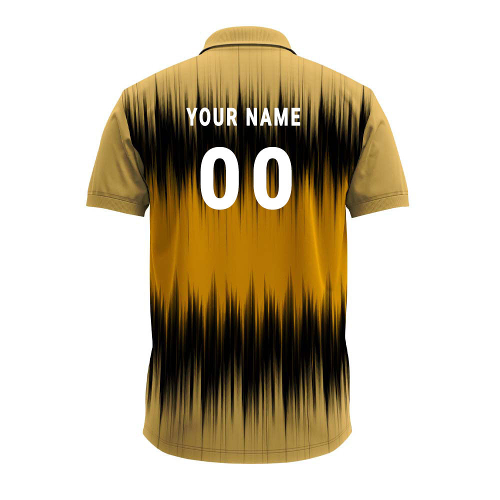 custom gold and black festive polo shirt featuring personalized name and number print.