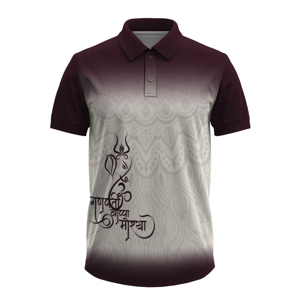 personalized maroon ombre Ganpati Bappa Morya polo jersey with Ganesha Trishul graphics.