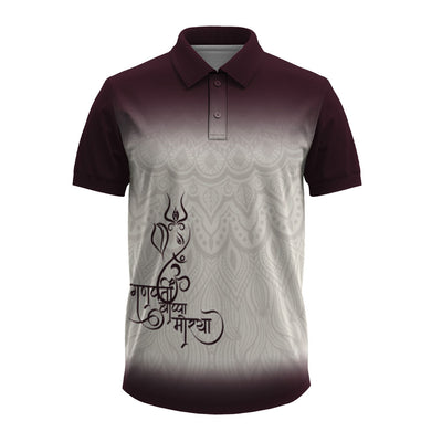 personalized maroon ombre Ganpati Bappa Morya polo jersey with Ganesha Trishul graphics.