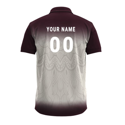 custom burgundy festive polo shirt showcasing personalized name and jersey number printing.