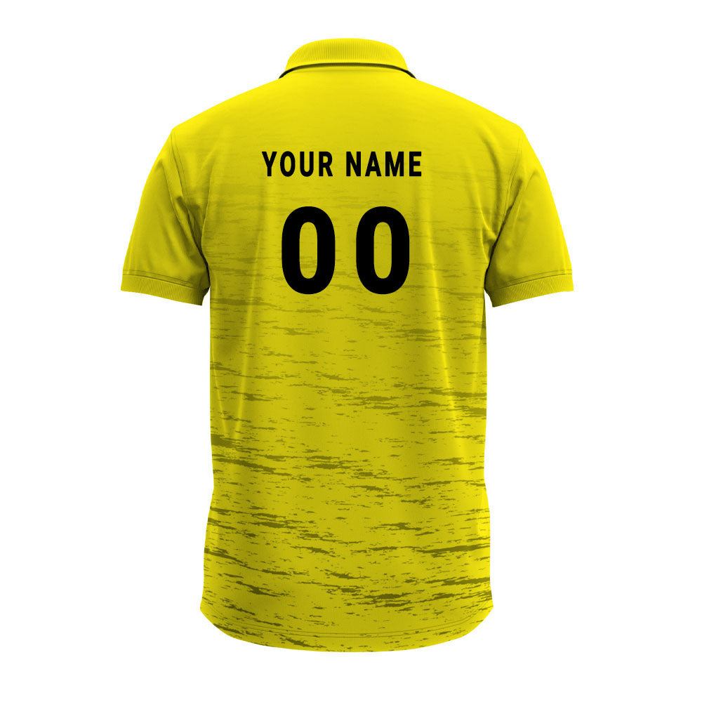 custom yellow textured festive polo shirt displaying customized name and jersey number print.