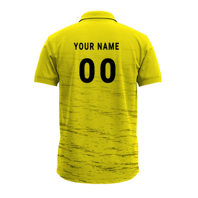 custom yellow textured festive polo shirt displaying customized name and jersey number print.