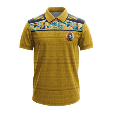 Mustard gold Ganpati polo jersey front with ikat print