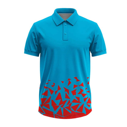 men’s cricket jersey, blue cricket shirt, geometric sports tee, cricket polo collar top, breathable cricket wear, sublimation jersey men, cricket training apparel, club cricket uniform, athletic cricket outfit, performance cricket clothing