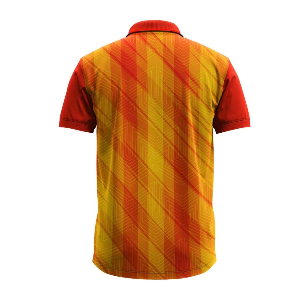 2026 cricket collection jersey, red yellow cricket polo, men cricket match wear, modern cricket uniform design, premium team sportswear, polo neck cricket top, competitive cricket clothing, men athletic sports jersey, club level cricket apparel, vibrant cricket jersey men, professional cricket outfit, tournament cricket wear, stylish cricket team jersey