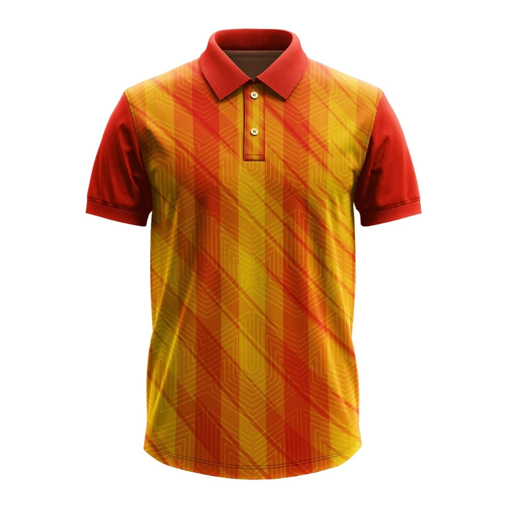 2026 cricket collection jersey, red yellow cricket polo, men cricket match wear, modern cricket uniform design, premium team sportswear, polo neck cricket top, competitive cricket clothing, men athletic sports jersey, club level cricket apparel, vibrant cricket jersey men, professional cricket outfit, tournament cricket wear, stylish cricket team jersey