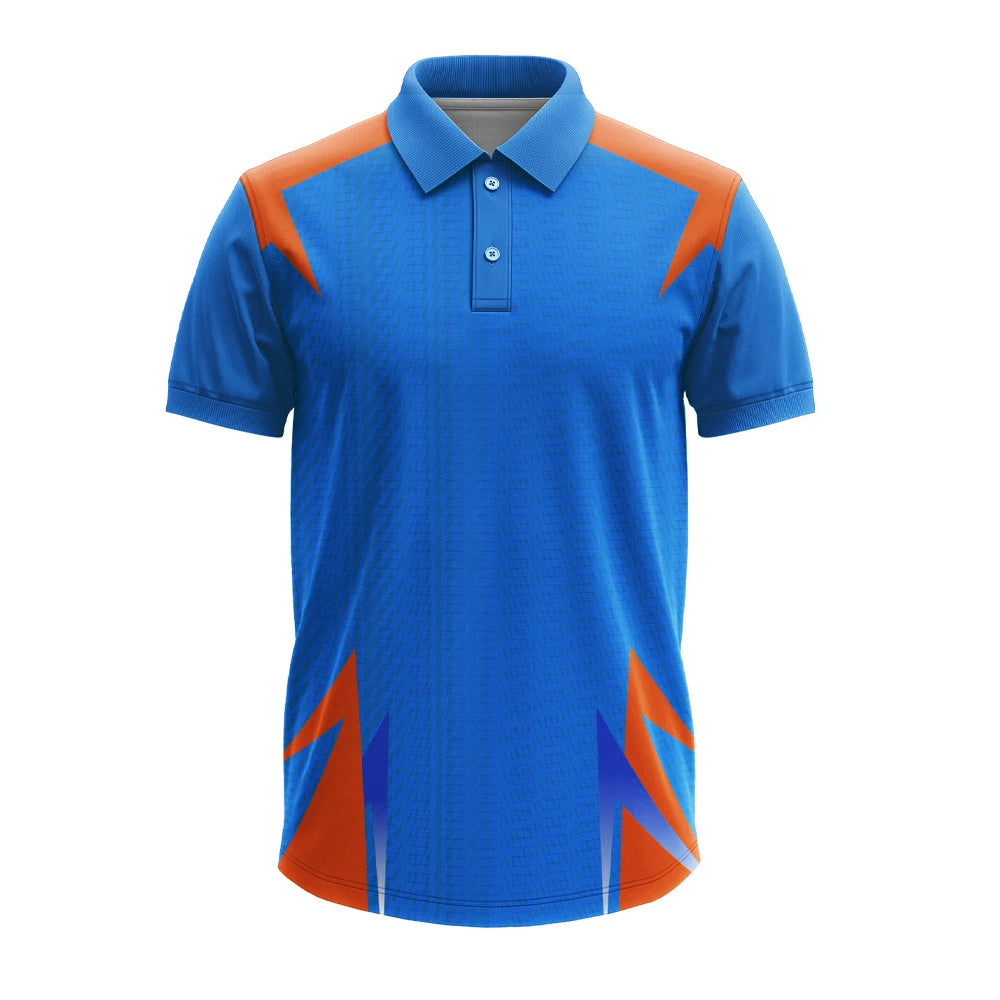 custom polo cricket jersey, cricket polo jersey india, personalized cricket jersey, logo printed cricket jersey, name number cricket jersey, custom fan cricket jersey, sublimated polo sports jersey, cricket team polo uniform, blue cricket jersey india, custom sportswear india